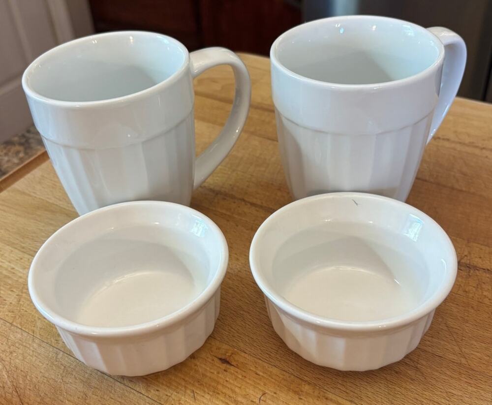 Vintage CorningWare French White 4pc Set Ribbed Coffee Mugs 4oz Ramekins